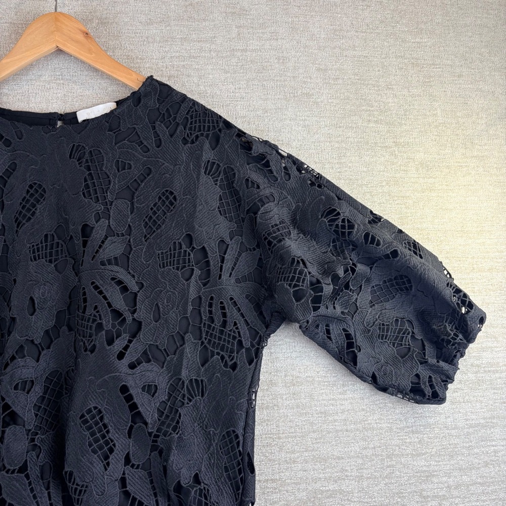 Eri + Ali Anthropologie Black Floral Lace Puff Sleeve Blouse Top TY12876-B LG